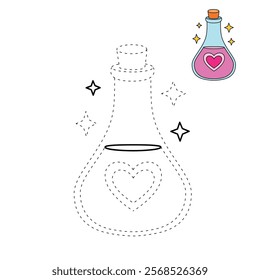 Love potion bottle with a heart label. Potion of love clipart. Valentine Day cute greeting elements for card, poster, flyers, invitation. Potion of love coloring page. Valentine theme coloring page.