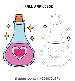 Love potion bottle with a heart label. Potion of love clipart. Valentine Day cute greeting elements for card, poster, flyers, invitation. Potion of love coloring page. Valentine theme coloring page.