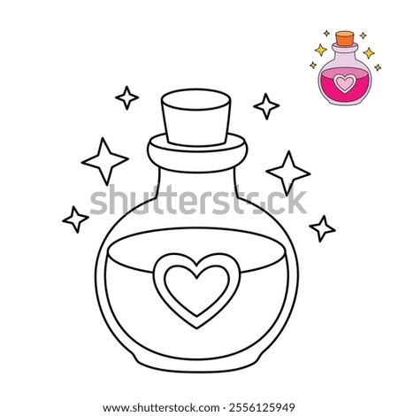 Love potion bottle with a heart label. Potion of love clipart. Valentine Day cute greeting elements for card, poster, flyers, invitation. Potion of love coloring page. Valentine theme coloring page. 