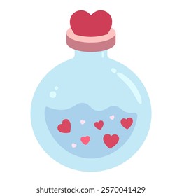 love potion bottle with a heart-shaped red cap and floating hearts, minimal design in cute vector style for Valentine's Day, romance and affection and love concepts, isolated icon on white background