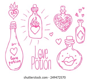 Love potion: bottle jar with pink hearts inside. Card. Vector illustration. Valentine's day concept. 