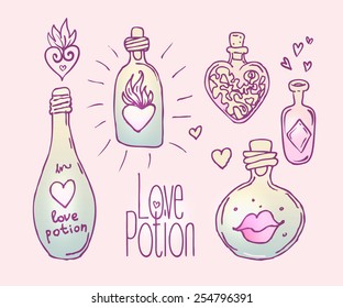 Love potion: bottle jar with pink hearts inside. Card. Vector illustration. Valentine's day concept. 