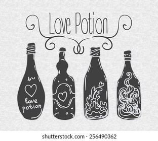 Love potion: bottle jar with pink hearts inside. Card. Vector illustration. Valentine's day concept. 