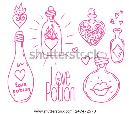 Love potion: bottle jar with pink hearts inside. Card. Vector illustration. Valentine's day concept. 