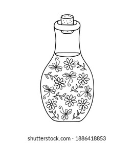 Love potion bottle magic drink vector outline illustration, fiol for making magic, cooking a potion, simple doodle hand drawn image for St Valentine holiday decor, clipart, banners, romance