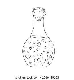 Love potion bottle magic drink vector outline illustration, fiol for making magic, cooking a potion, simple doodle hand drawn image for St Valentine holiday decor, clipart, banners, romance