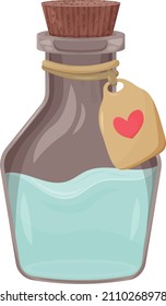 Love potion in a bottle, magic elixir, artifact or antidote in the game. Happy Valentine's Day. Vector drink with heart tag. Elements and stickers for the holiday.