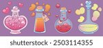 Love potion bottle. Magic heart chemistry for test in game. Glass jar for medicine icon. Antidote formula in cork vial from laboratory. Dating perfume or drink poison for Valentine day design