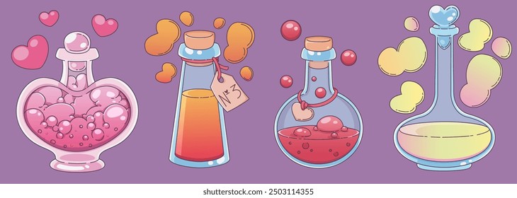 Botella de poción de amor. Química mágica del corazón para la prueba en el juego. Tarro de cristal para el icono de la medicina. Fórmula de antídoto en vial de corcho de laboratorio. Perfume para citas o bebida venenosa para el diseño del día de San Valentín