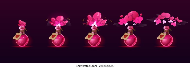 Botella de poción de amor con animación de nubes de puré aislada en el fondo. Ilustración de dibujos animados vectoriales de frascos de vidrio con elixir rosa mágico, efecto de explosión o gas de evaporación, corazón rojo en etiqueta