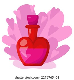 Lieblings-Töpfchenflasche, roter, locker Kolben mit Kork und rosafarbene Flüssigkeit auf rosafarbenem Hintergrund, Vektorgrafik