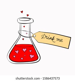 Love potion bottle with a tag labele Drink me. Test tube with red liquid and red and pink hearts. Congratulations on Valentine's Day. Stock vector hand drawn illustration isolated on white background.