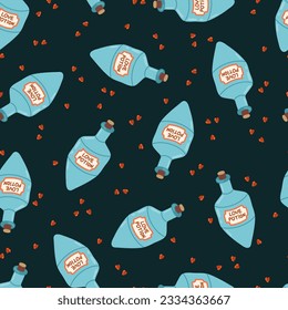 Love potion bottle vector seamless pattern. Cartoon Valentines day Romantic texture background