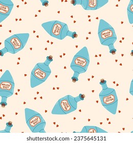 Love potion bottle vector seamless pattern. Cartoon Valentines day Romantic texture background