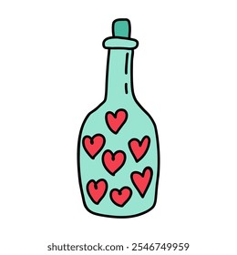 Botella de poción de amor con corcho de madera y corazones rojos en el interior aislados en blanco, estilo doodle. Dibujado poción de amor para el día de San Valentín, bodas. Poción de amor para crear momentos románticos, celebrando el amor