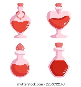 Love potion bottles collection in cartoon vector style. Valentine day festive illustration set.