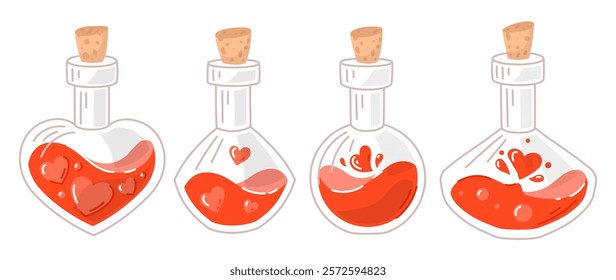 Love potion bottles collection. Love element. Valentine's day elements clipart in cartoon line style isolated on white background. Perfect for, banner, card, postcard, cover. Editable stroke.