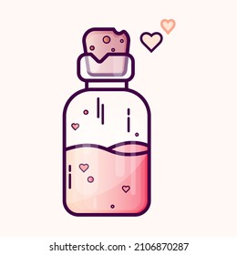 Love potion bottles icon. Valentine's day logo with hearts illustration. Pink love liquid design. Flat design sticker