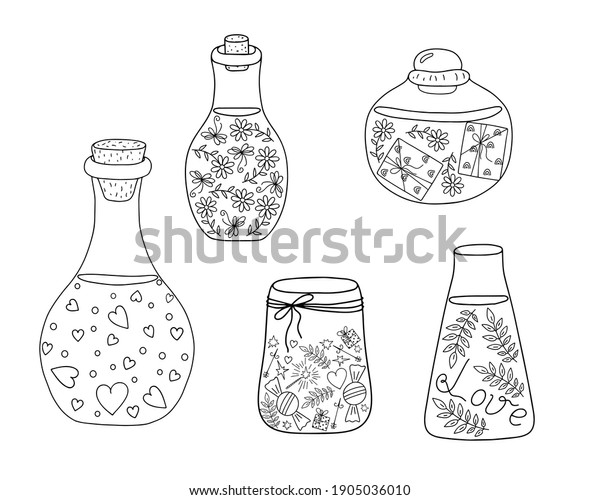 Love potion bottles set magic drink vector\
outline illustration, fiol for making magic, cooking a potion,\
simple doodle hand drawn image for St Valentine holiday decor,\
clipart, banners, romance