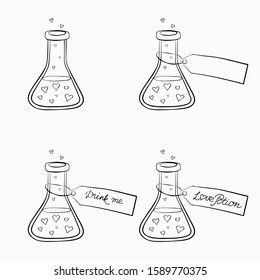 Love potion bottles set with tags. Space for text. Test tube with liquid and hearts. Outline coloring book for Valentine's Day. Stock vector hand drawn illustration isolated on white background.