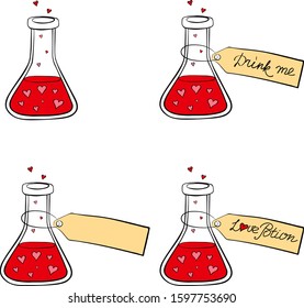 Love potion bottles set with tags  for Valentine's Day. Space for text. Test tube with liquid and red and pink hearts. Stock vector hand drawn illustration isolated on white background.