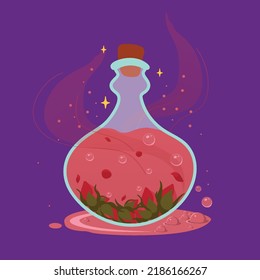 Love potion. Chemistry glass bottle filled with rose petals and pink liquid potion. Element of Halloween.