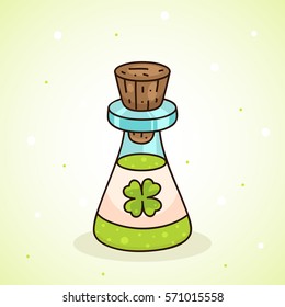 Love potion with clover, symbol of luck, magic, Valentines day.