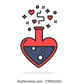 Love potion, dating valentine alchemy, black outline flat vector illustration isolated