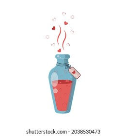 Love potion. The drink that makes you fall in love with yourself. Bottles of Magic elixir. Red Liquid in glass jar in cartoon style. Vector illustration in flat style.