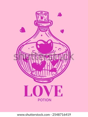 Love potion, elixir in a bottle, sketch illustration, one color, shapes, hand drawn vector