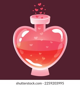 Love potion. Fantasy magic spell heart elixir. Chemistry glass bulb, pink liquid. Witch alchemy bottle, love vial. Aphrodisiac flask. Love formula. Marriage love potion. Vector illustration. 