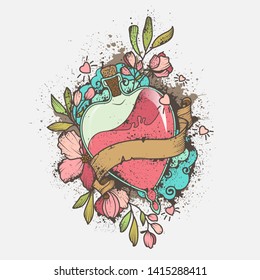 Love potion or flask filed with rose colored liquid decorated with flowers, leaves and with ribbon for text. Hand drawn tattoo, poster or emblem design