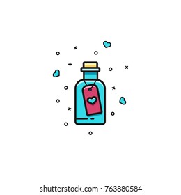 Love potion flask flat color line icon. Glass bottle with sale tag. Template for Valentine's Day celebration. 