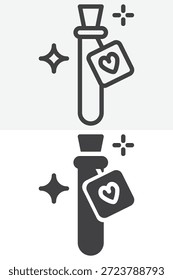 Conjunto de iconos de frasco de poción de amor en línea y estilo sólido. Esquema y signo de Vector con trazo editable, icono de símbolo de alquimia para temas de romance, magia y fantasía.