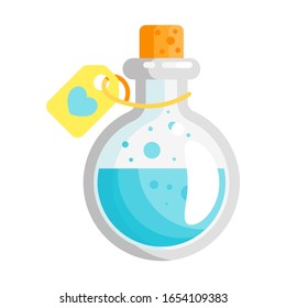 Love potion flat vector illustration. Magical substance, alchemic blue elixir isolated object on white background. Sorcery, witchcraft glass bottle, bewitching love spell cartoon design element