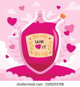 Love potion flat vector illustration design with liquid heart chemical bottle for romance concept and vintage style