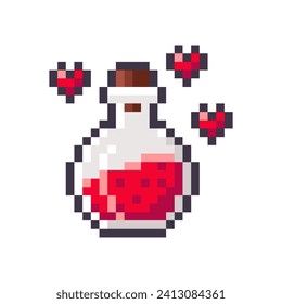 Love potion in glass bottle isolated on white background. Chemistry glass bulb with red liquid. Magic elixir pixel icon. Vector illustration of Valentine's Day elements in 16 bit style.