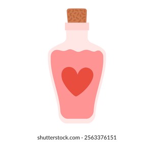 Love potion in glass bottle. Magic spell heart elixir. Romantic symbol. Valentine's day element. Flat Vector illustration isolated on white background