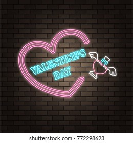 Love potion glass bottle. Neon happy Valentine's Day banner. Valentine lamp romance heart shape. Colored vector light glow poster. Nightclub bulb dark brick wall label card design. Holiday greeting.