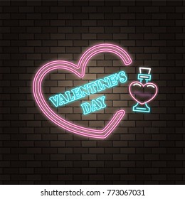 Love potion glass bottle. Neon happy Valentine's Day banner. Valentine lamp romance heart shape. Colored vector light glow poster. Nightclub bulb dark brick wall label card design. Holiday greeting.