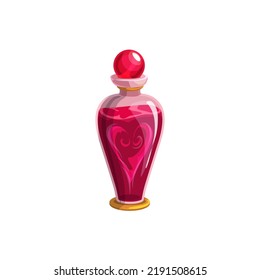 Love potion in glass bottle, Valentine day and wedding RSVP party symbol. Vector isolated magic love potion with heart