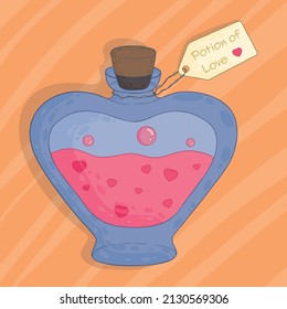 Love potion glass, with pink liquid and hearts, on abstract orange background. Love Potion for Valentine's Day