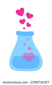 Love Potion in Glass Vessel. Flask With Bubbling Hearts. Simple Vector Flat Design in Pink and Blue. Icon For Valentines Day.