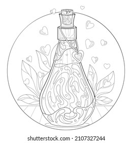 Love potion in the glass vial, flying hearts, leaves in the round shape. Magic, fantasy. Illustration on a white isolated background. For coloring book pages.