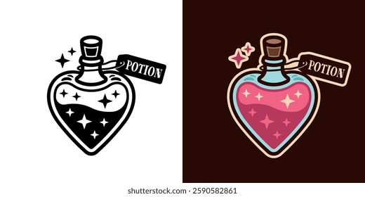 Love potion heart bottle vector illustration in two styles, black and colored. Magical elixir in a glass bottle with romantic and mystical vibes. Perfect for fantasy, alchemy, and other designs