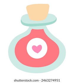 Love potion with heart in flat design. Magic drink for romantic feelings. Vector illustration isolated.