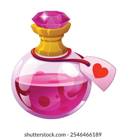 Love potion with heart tag, perfect for Valentine's Day. Vector cartoon illustration