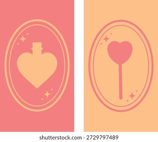 Poção do amor, doces em forma de coração, Cupido, chave para o coração. Conceito romântico. Ilustração vetorial. Fundo da moda. Papel de parede do telefone.