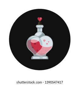 Love potion icon bottle in the shape of a heart with liquid color pink