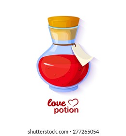 Love potion, icon of the game equipment, bottle with red liquid, vector romantic illustration